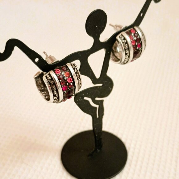 Wide Red Crystal Hoop Earrings Women's Silver Tone Scroll Post Jewelry - Picture 2 of 10